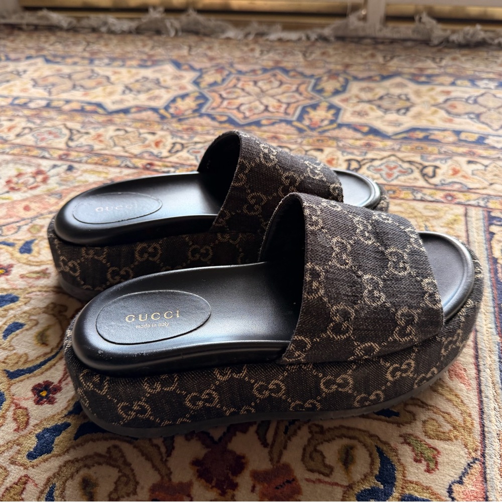 Gucci Women's Black Monogram Platform Sandals